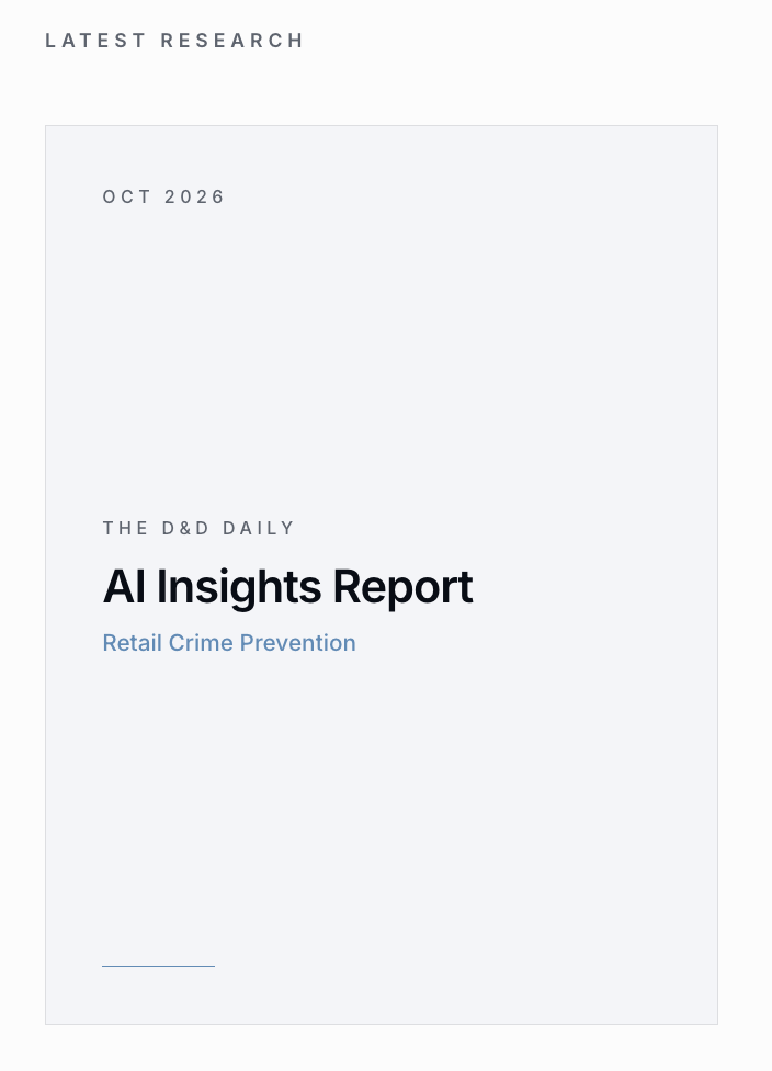 A Latest Research tile previewing the October 2026 D&D Daily AI Insights Report on Retail Crime Prevention.
