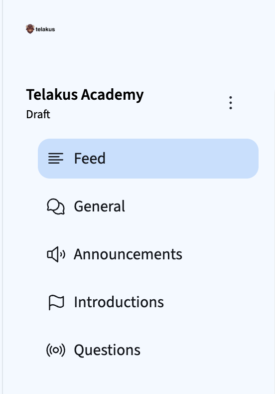The Telakus Academy community sidebar with Feed, General, Announcements, Introductions, and Questions channels.