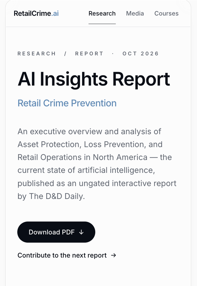 The AI Insights Report detail page: Retail Crime Prevention, an executive overview of Asset Protection, Loss Prevention, and Retail Operations in North America, with a Download PDF button.